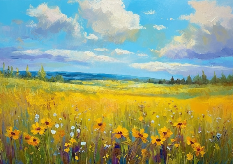 满山遍野黄色花丛蓝天白云夏日田园风格油画,插画/手绘图,插画/手绘图库,插画/手绘图下载,插画/手绘